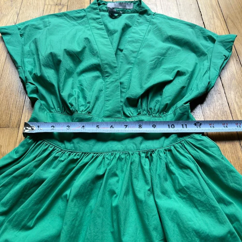 Marella Size 2 Emerald Green Bobbio Cotton Ruched Cap Sleeve A-Line Midi Dress - Picture 7 of 16